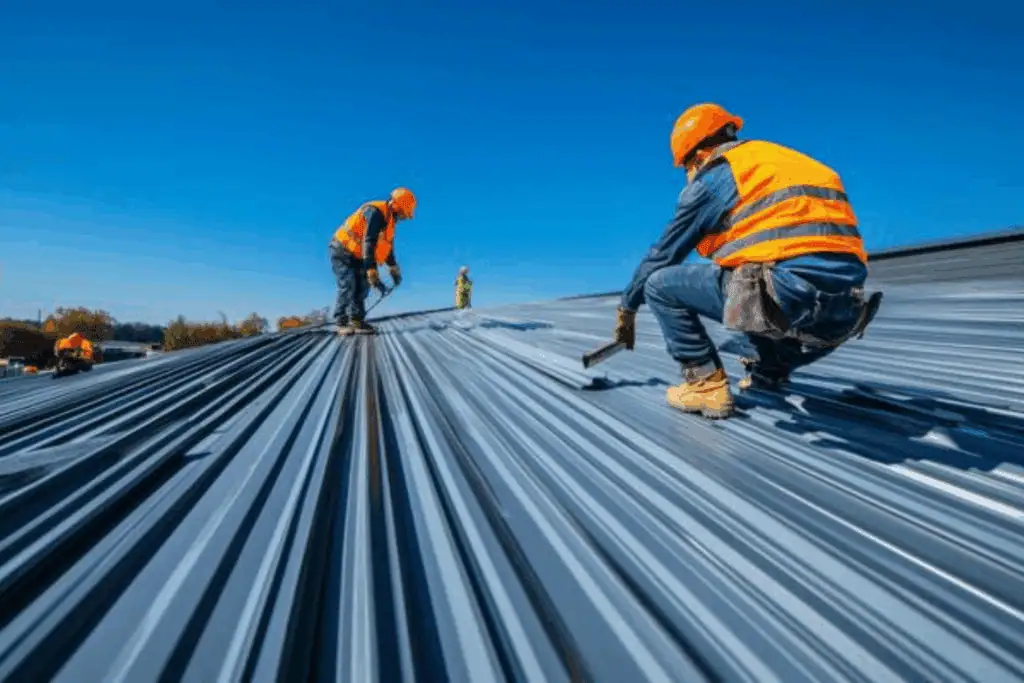 Commercial roof replacement in Tucson AZ with professional roofing contractors installing new metal panels on a large commercial building under clear skies.