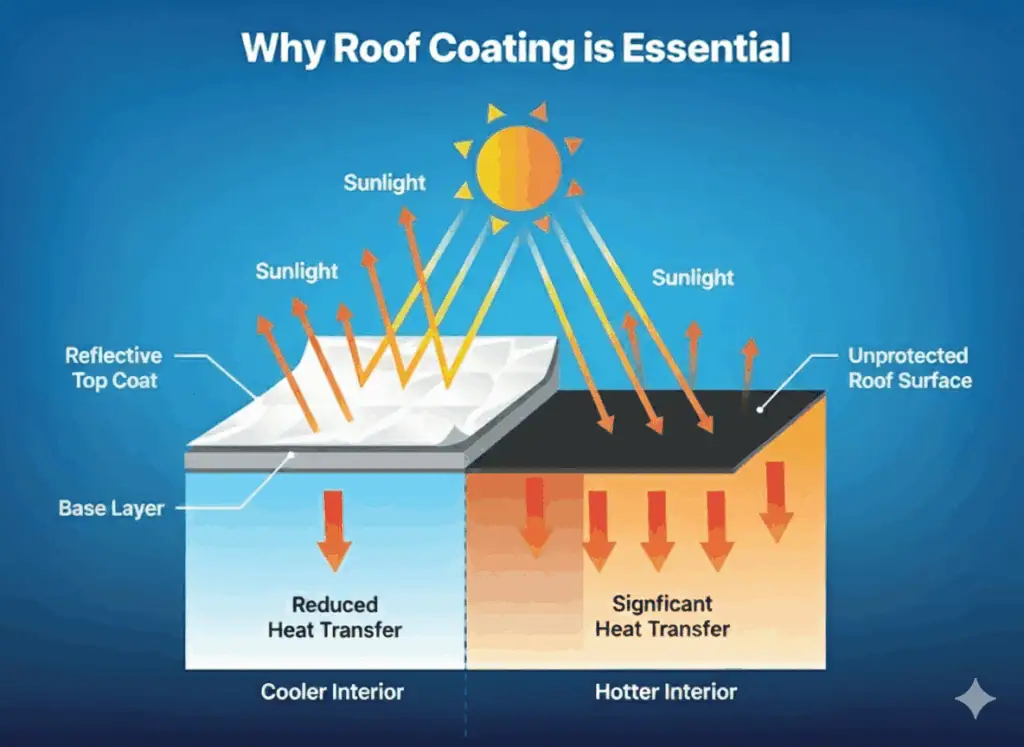 Roof coating benefits diagram: heat reflection, reduced interior temperature.