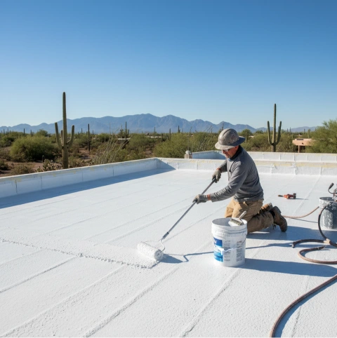 Roofer applying protective coating on flat roof in Casas Adobes AZ