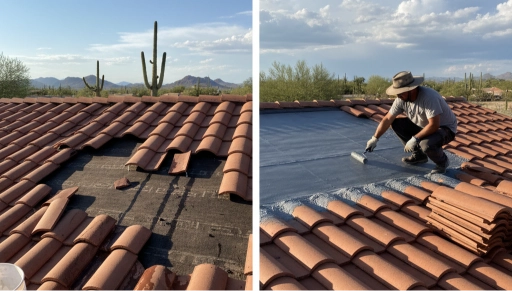 Before and after of a professional Oro Valley roofing company repairing a tile roof near Catalina State Park