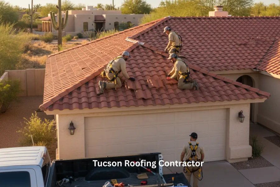 Professional roofing team repairing a red clay tile roof on a residential home in Tucson near Sabino Canyon