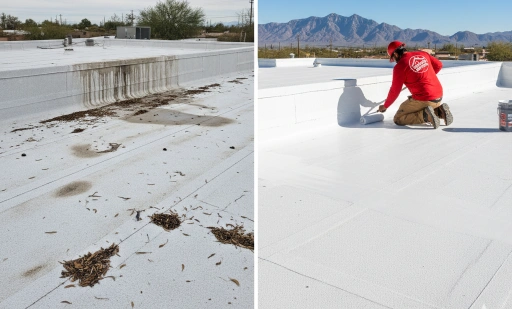 rofessional roofers applying reflective roof coating near Oro Valley, Arizona to protect against heat and extend roof life.